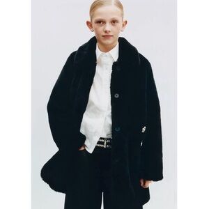 NWT ZARA Girls Size 11-12 Long Black Faux Fur Coat